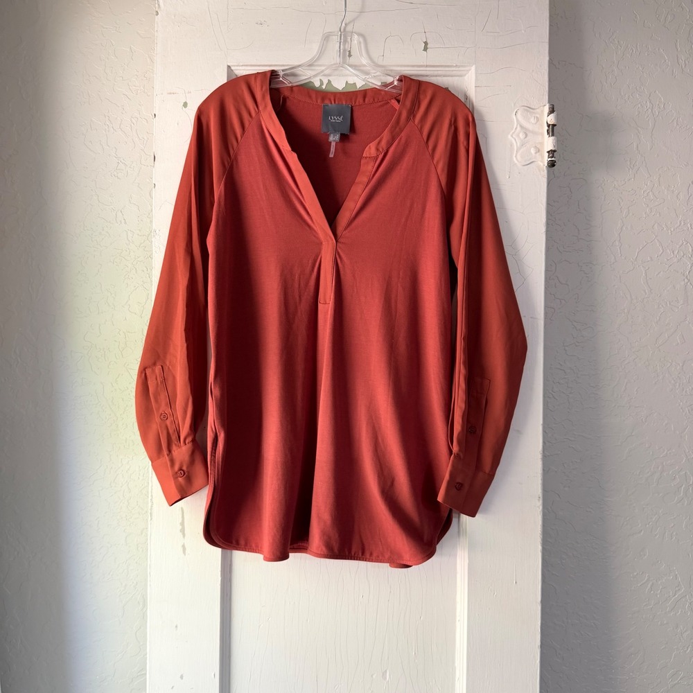 Lysse New York Womens Small Rust Terracotta Mixed Media V-Neck Tunic Top